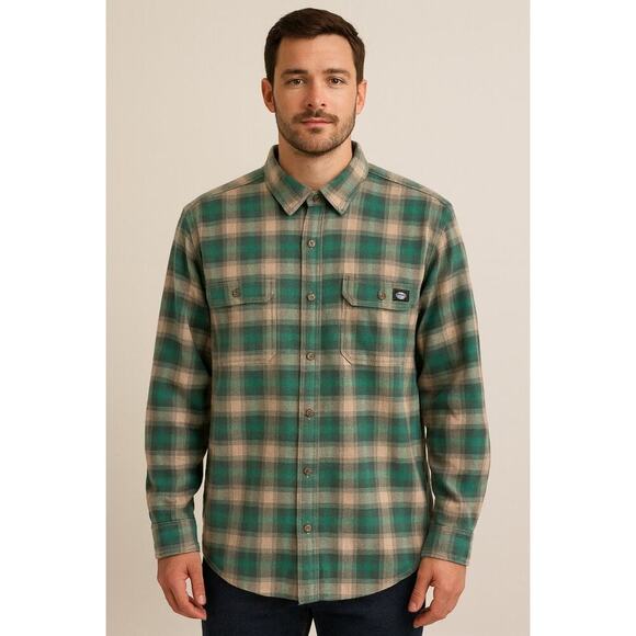 Men’s Dickies Navy Cream Tan Plaid Flannel Button Up Relaxed Fit size XL - Picture 1 of 6